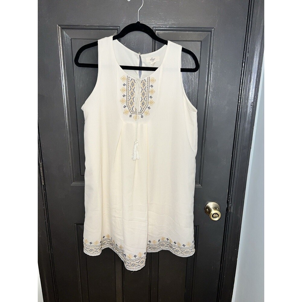 Exist Ivory Embroidered Tasseled Shift Dress Sleeveless Bohemian Festival Size L